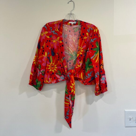 Anthropologie Maison d’Amelie Red Tropical Print Linen Tie Front Crop Top Size M - Picture 1 of 6